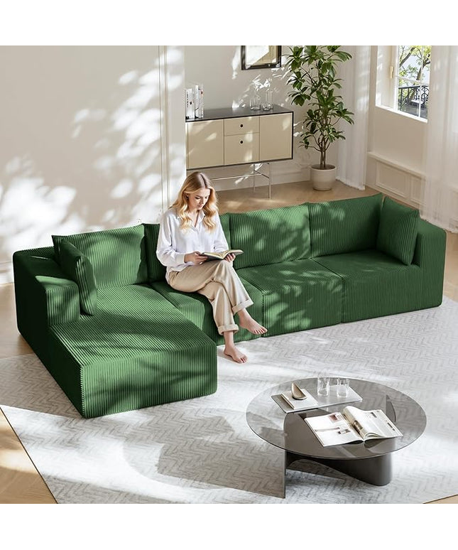 138" Boneless Couches for Living Room, Modular Cloud Couch Sofa - 4 Pieces L Shap Corduroy Sectional Sofa, Fluffy Memory Foam Sleeper Sofa Furniture, No Assembly, Wide Armrest, Green