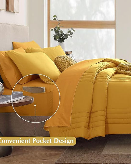 Monbix Full Comforter Set - 7 Pieces Bright Yellow Bed in a Bag Full Size Bedding Sets with Comforters, All Seasons Down Alternative Comforter with Sheets,Pillowcases & Shams