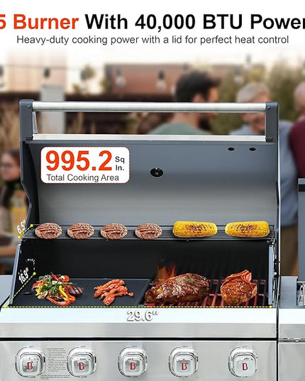 Brand-Man Outdoor Kitchen Island – 5-Burner Gas Grill & Griddle Combo with 800°C Infrared Sear Zone, Dual-Zone Cooktop, Sink & Storage, 995 sq.in Cooking Area, 67,000 BTU Stainless Steel BBQ Station