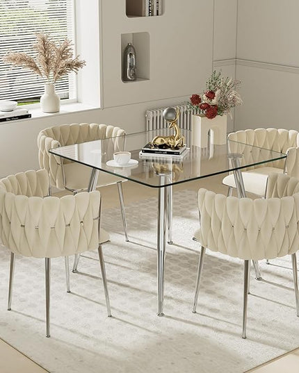 Silver Glass Dining Room Table Set for 4, 36'' Modern Luxury Square Dinner Table Set, 5 Piece Clear Glass Top Minimalist Kitchen Table Set, Ivory Woven Dining Chair for Small Apartment