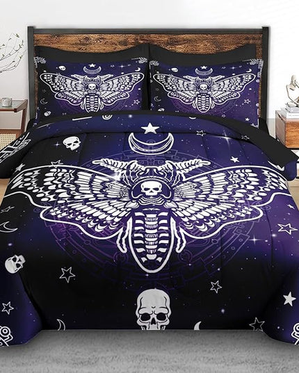 Comforter Set Full Size, Death Moth 7 Pcs Bedding for Kids and Adults, Halloween Bedding Sets with Fitted Sheet 2 Pillowcases & 2 Shams for Bedroom Bed Decor