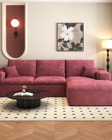 107'' L-Shaped Modern Modular Sectional Cloud Couch, 4-Seat Chenille Deep-Seat Sofa with Pillow for Living Room, Bedroom, Apartment, Wine Red