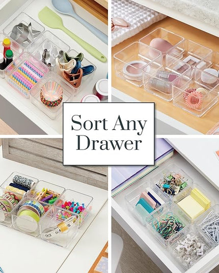 STORi SimpleSort 3-Piece Stackable Clear Drawer Organizer Set | 9" x 6" x 2" Rectangle Trays | Wide Makeup Vanity Storage Bins and Office Desk Drawer Dividers | Made in USA