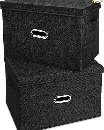 Large Linen Fabric Foldable Storage Bins with Removable Lid and Handles, Washable Storage Box Organizer Containers Baskets Cube with Cover for Bedroom,Office(Black, Extra Large(2-Pack))