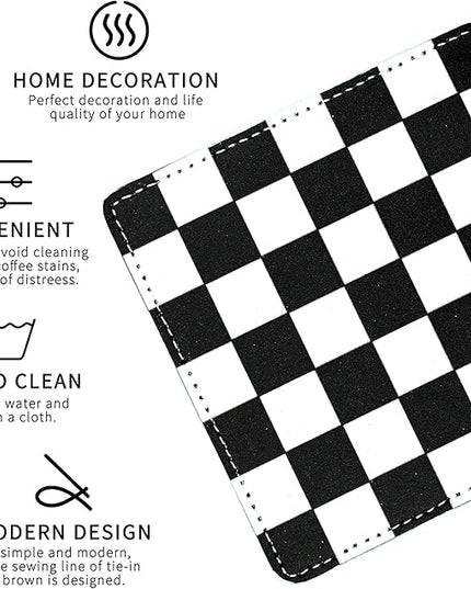 Marble Coasters Square Leather Drinks Coaster Set with Holder for Coffee Table Bar Home Decor 4 Inches Set of 6 (Checkered, One Size)