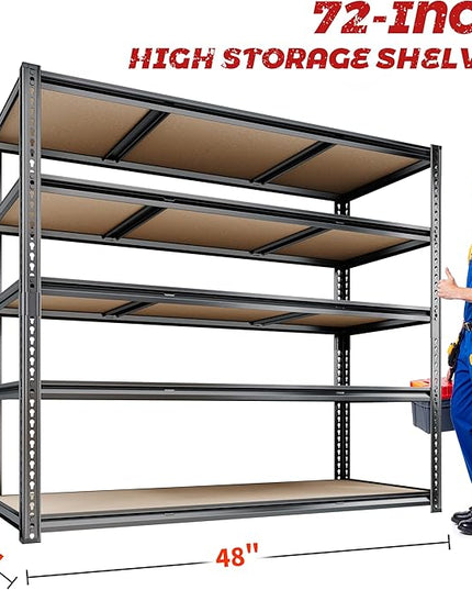 48"W Garage Shelving, 3050LBS Storage Shelves Heavy Duty, 5 Tier Metal Shelving Unit Adjustable Garage Shelves Heavy Duty Shelving for Warehouse,Commercial, Kitchen, 48" W × 18" D × 72" H, Black