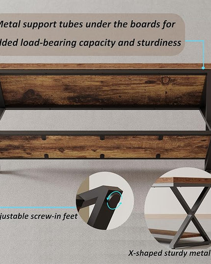 IBF Farmhouse Wood Bench, Industrial Storage Entryway Indoor Bench for Bedroom Hallway Living Room, Rustic Wooden Metal Shoe Rack Accent Foyer Bench Seat for Entrance Sitting, Rustic Brown, 47 in Long