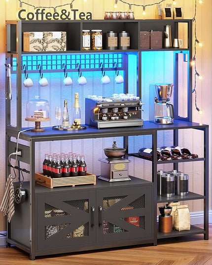 Itaar 47.2 Inch Bakers Rack with Power Outlet, Microwave Stand with Storage, Farmhouse Coffee Bar Cabinet Station with Wine Rack, Iron Mesh and 8-S Hooks (Black)