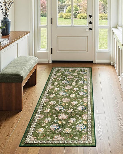 jinchan Elora 2x5 Floral Runner Rug for Hallway Washable Runner Vintage Romance Christmas Design Non Slip Thin Indoor Floor Cover Low-Profile Throw Carpet for Entryway Bathroom Bedroom Porch, Green