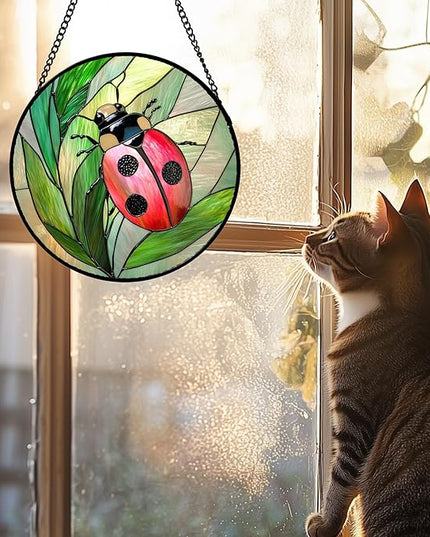 Stained Glass Window Hanging 4 Pcs Set Pink Green Insect Theme 9.8" - Butterfly Suncatcher Door Garden Sun Catcher Decor Birthday Christmas for Mom Woman Nana Men
