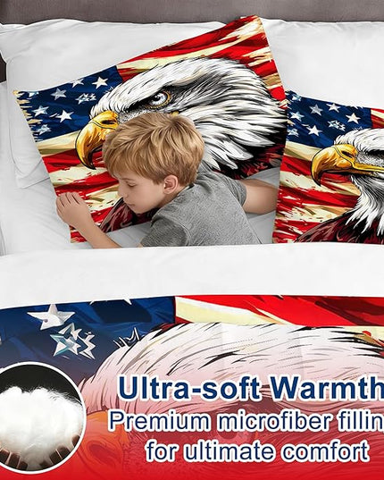 American Flag Comforter Set King Size Boys USA Eagle Bedding Set for Kids Teens Animal Bird Pattern Comforter Red Striped Stars Quilt Set with 1 Comforter +2 Pillowcases
