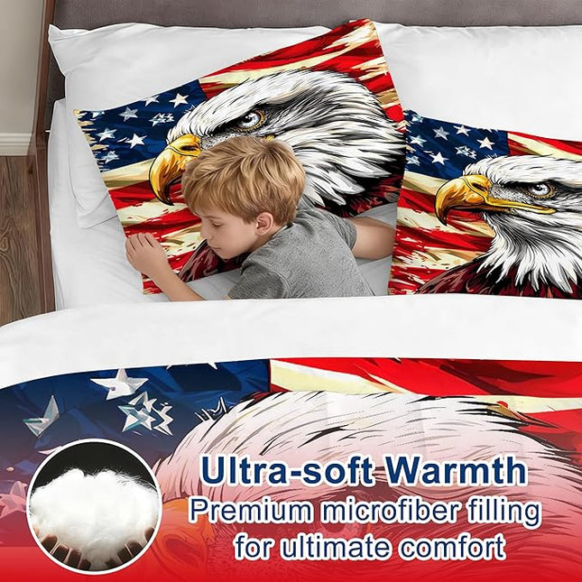 USA Flag Bedding Set Queen Size for Boys Kids Teens American Eagle Comforter Set Wildlife Animal Bird Decor Bedding Red Striped Stars Quilt Set with 1 Comforter +2 Pillowcases