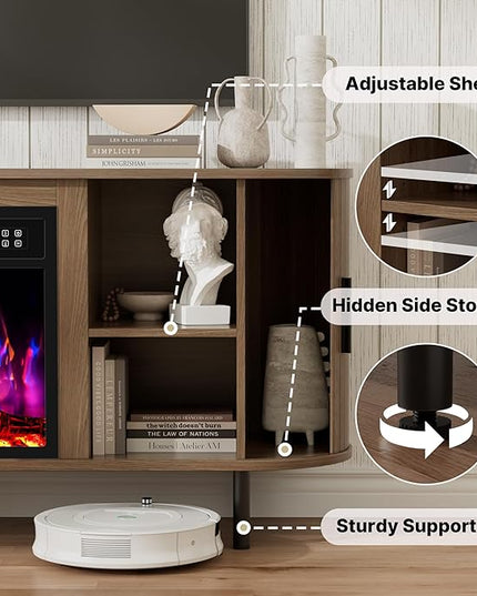 65" Fluted Fireplace TV Stand for TVs Up to 75 inches, Modern Entertainment Center with 23" Electric Fireplace, Wooden Curved TV Console with Sliding Doors for Living Room, Walnut