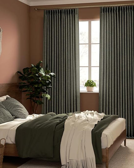 Pinch Pleated Green Linen Curtains Light Filtering 86 Inches Long Drapes for Bedroom,Memory Train Shaped Pleat Curtain for Living Room and Track System Moss Boho Farmhouse with Back Tab 2 Panels