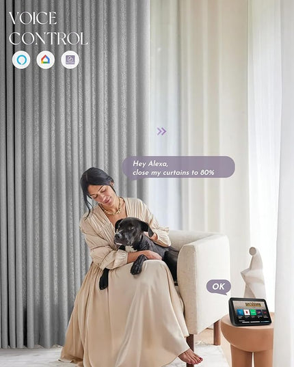 Graywind Rechargeable Smart Curtains Compatible with Alexa Google Remote Control Automatic Drapes for Sliding Door Room One-Way or Split Draw Joinable Curtain Custom Width Up to 220"(Pure White)