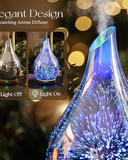 Porseme Essential Oil Diffuser 280ml Aromatherapy Ultrasonic Oil Diffusers 3D Glass Cool Mist Humidifier, Air Refresh Auto Shut-Off, Timer Setting, BPA Free for Home Hotel Yoga Leisure SPA Gift