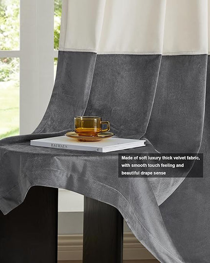 BULBUL Color Block Window Curtains Panels 72 inches Long Cream Ivory Grey Velvet Farmhouse Drapes for Bedroom Living Room Darkening Treatment with Grommet Set of 2