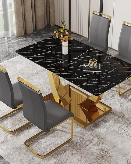 63” Dining Room Table Set for 4,Modern Gold Dining Table Set for 4 with PU Leather Chairs,Black Faux Marble Dinner Table Set with Tempered Glass Top and Golden Base