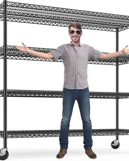REIBII 75.6" H Storage Shelves Metal Shelving Unit with Wheels 55''W Garage Shelving Heavy Duty Wire Shelves for Storage Rack Adjustable Pantry Shelf Commercial Shelving, 75.6" H X 55.5''W X 24" D