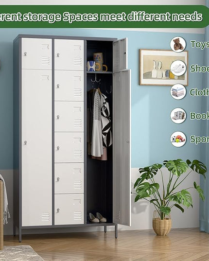 Aobabo Metal Lockable Storage Locker 8 Small Doors and 2 Big Doors, Metal Lockers for empolyees with Hooks, for School Home Office, Assembly Required, 10Doors, Grey White
