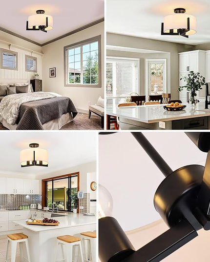 14 inch Black Semi Flush Mount Ceiling Light, 3-Light Modern Lighting Fixtures Ceiling Mount with White Drum Fabric Shade for Bedroom Entryway Hallway