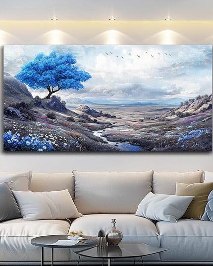XIGUANGART Landscape Canvas Wall Art for Bedroom Blue Flowers Tree Art Prints Painting Nature Picture Modern Artwork Wall Decor for Living Room Kitchen Home Office Mural Posters Gift 20"X40"