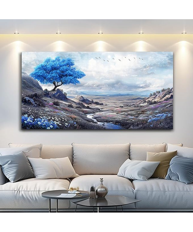 XIGUANGART Landscape Canvas Wall Art for Bedroom Blue Flowers Tree Art Prints Painting Nature Picture Modern Artwork Wall Decor for Living Room Kitchen Home Office Mural Posters Gift 20"X40"