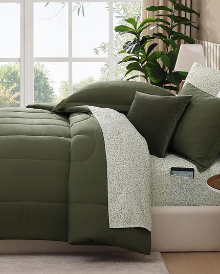 Monbix King Size Comforter Set - 7 Pieces Bed in a Bag King, Olive Green Track Stitching Bedding Sets, All Seasons Down Alternative Comforter Bed Set with Sheets, Pillowcases & Shams