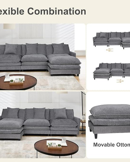 Modular Sectional Sofa,108.27'' Modern Sofa Sleeper Couch with 3 Seat & 1 Ottoman & 3 pillows Sofa Set,Comfy Cloud Couches with Movable Ottoman Deep Seat Sofa for Living Room Chenille (Gray, L Shaped)