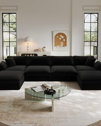 Modular Sectional Sofa,Extra Comfty Deep-Seat-Filled Couch,Black 6 Seat U Shape Sofas with Movable Ottoman,Modern Couches for Living Room, Apartment, Office,Small Space