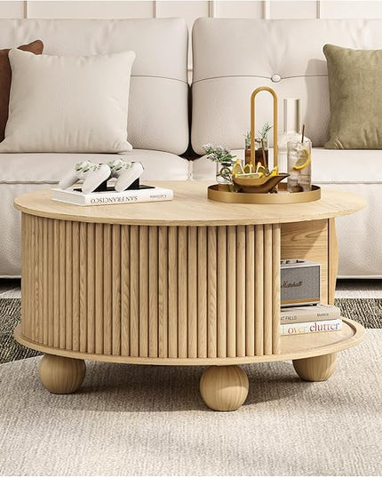 Round Coffee Table with Storage, 31.5" Circle Coffee Table with Sliding Door & Bun Feet, Fluted Center Table for Living Room, Home Small Space, Oak