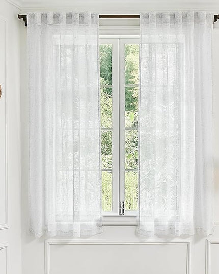 Greyish White Linen Sheer Curtains 63 Inch Length for Windows 2 Panels Back Tab Loops Pocket Light Diffusing Semi Sheer Linen Curtains for Bedroom Living Room Closet Doors Doorway 34 by 63 Inch