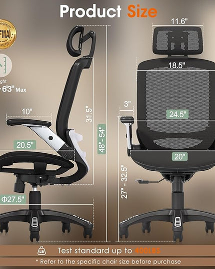 GABRYLLY Ergonomic Office Chair, High Back Home Desk Chair with Headrest, Flip-Up Arms, 90-120° Tilt Lock and Wide Cushion, Big and Tall Mesh Chairs for Man Woman, Black Task Chair