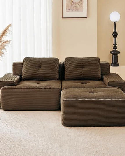 82" Convertible Modular Couches, Deep Seat L Shaped Sofas for Living Room, Modern 2 Seater Love Seat Sofa with 1 Ottoman for Small Space, Comfy Cloud Sectional Sofa Set, Corduroy Fabric Brown