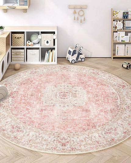 Round Rug 9ft,Large Pink Circle Area Rugs for Bedroom Living Room,Washable Boho Vintage Bohemian Distressed Oriental Floral Carpet Non Slip