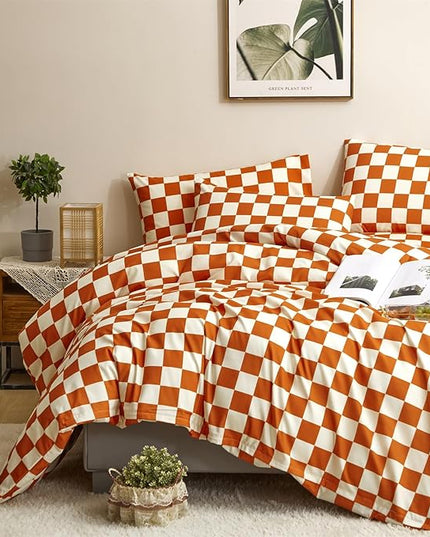 CLOTHKNOW Rust Beige Plaid Queen Comforter Set 3Pcs Grid Bedding Comforter Sets Soft Checker Queen Comforter Burnt Orange Queen Size Comforter Sets