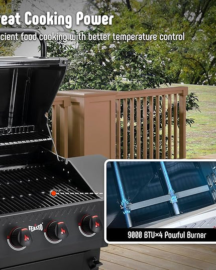 4 Burner Gas Grill, 36,000 BTU Outdoor BBQ Grill with Side Table for Outdoor Cooking & Backyard Barbecue, Premium Enameled Coated Chamber Body with Porcelain-Enameled Grates, Black