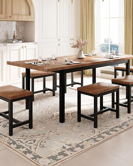 Feonase 7-Piece Dining Table Set with 6 Stools, 63" Large Extendable Kitchen Table Set for 4-8, Mid-Century Dining Room Table with Heavy-Duty Frame & MDF Board, Easy Assembly, Walnut