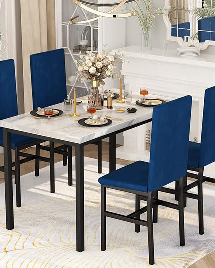 AWQM Dining Table Set for 4, Modern Marble Dining Table Set with 4 Upholstered Velvet Chairs,Dining Room Table Set for Kitchen, Breakfast Nook, Dining Room, White and Blue