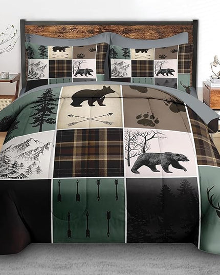 7 Pcs Comforter Set King Size, Wildlife Hunting Deer Bedding Set for Kids and Adults, Vintage Winter Animal Bear Plaid Bed Sheet Sets with Fitted Sheet 2 Pillowcases & 2 Shams