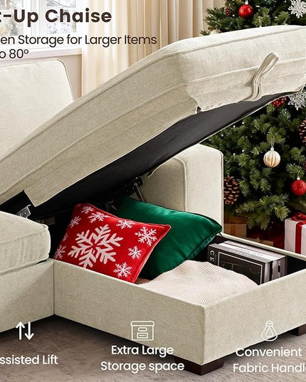 PARKOL 99" L-Shaped Sectional Couch with Storage, Sofa with Reversible Chaise, USB Type-C Charging, Chenille Fabric, Removable Cushion Covers, for Small Space, Apartment, Living Room, Beige