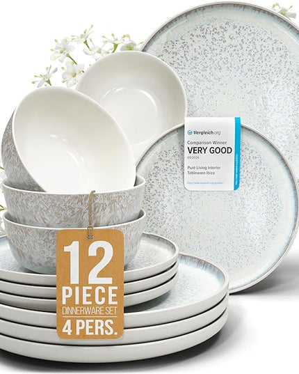 Stoneware dinnerware set 4 persons 12 pcs - Mediterranean dinnerware set, dishwasher, microwave and scratch resistant - bowl and plate set - dinnerware Pure Living Light Beige…