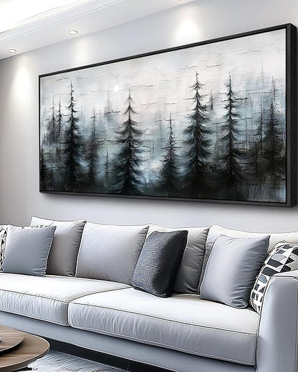 XIGUANGART Black Framed Canvas Wall Art Misty Forest Landscape Pictures Nature Farmhouse Abstract Watercolour Painting Wall Decor Living Room, Bedroom Bathroom Home Office Mural Decorations Artwork