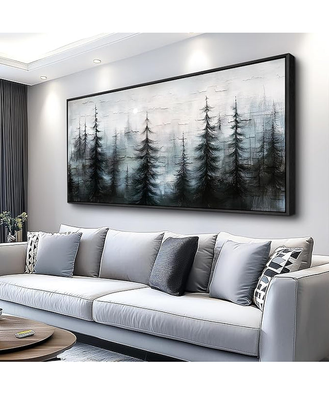 XIGUANGART Misty Forest Canvas Wall Art Nature Landscape Pictures Farmhouse Abstract Tree Watercolour Painting Wall Decor Living Room, Bedroom Home Office Decorations Artwork Black Framed Large 60x30