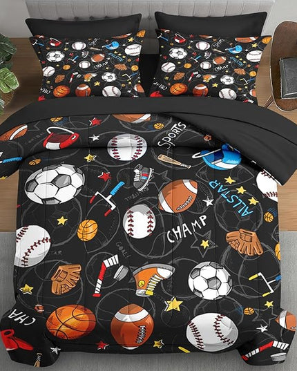 Comforter Set Full Size, Basketball Football Baseball 7 Pcs Bedding for Kids and Adults, Hockey Sport Bed Sheet Sets with Fitted Sheet 2 Pillowcases & 2 Shams for Bedroom Bed Decor