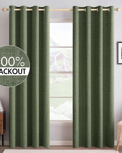 MIULEE 100% Blackout Linen Textured Curtains for Bedroom Solid Thermal Insulated Olive Green Grommet Room Darkening Curtains & Drapes Luxury Decor for Living Room Nursery 52 x 90 Inch (2 Panels)