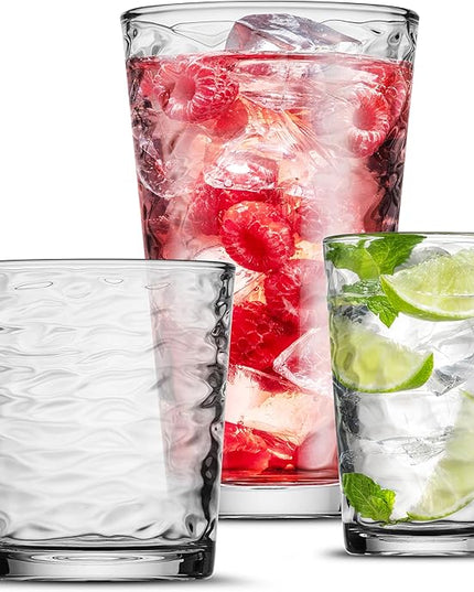 Biscayne 18-Piece Family Drinking Glasses Set - Drinking Glassware Set with Highball Cooler, DOF (Double Old Fashioned), and Juice Glasses - 6 Each
