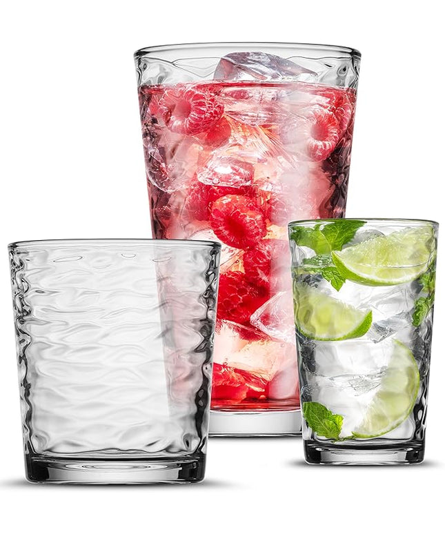 Biscayne 18-Piece Family Drinking Glasses Set - Drinking Glassware Set with Highball Cooler, DOF (Double Old Fashioned), and Juice Glasses - 6 Each