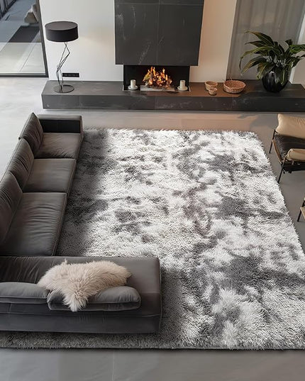 Ophanie Tie-Dyed Grey&White 8x10 Area Rugs for Living Room, Large Shag Bedroom Carpet, Big Indoor Thick Soft Nursery Rug, Fluffy Carpets for Boy and Girls Room Dorm Home Decor Aesthetic
