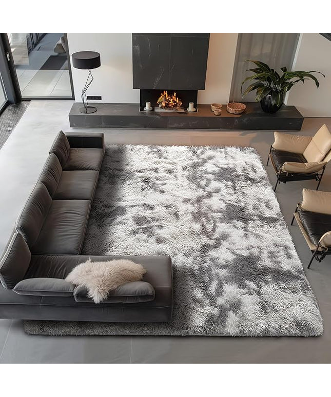 Ophanie Tie-Dyed Grey&White 8x10 Area Rugs for Living Room, Large Shag Bedroom Carpet, Big Indoor Thick Soft Nursery Rug, Fluffy Carpets for Boy and Girls Room Dorm Home Decor Aesthetic